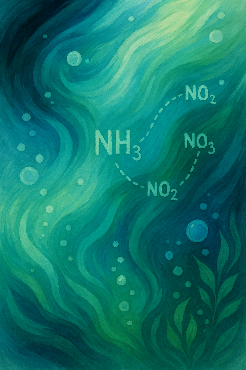 Illustration of the nitrogen cycle in an aquarium, showing swirling green water with chemical symbols NH3, NO2, and NO3.