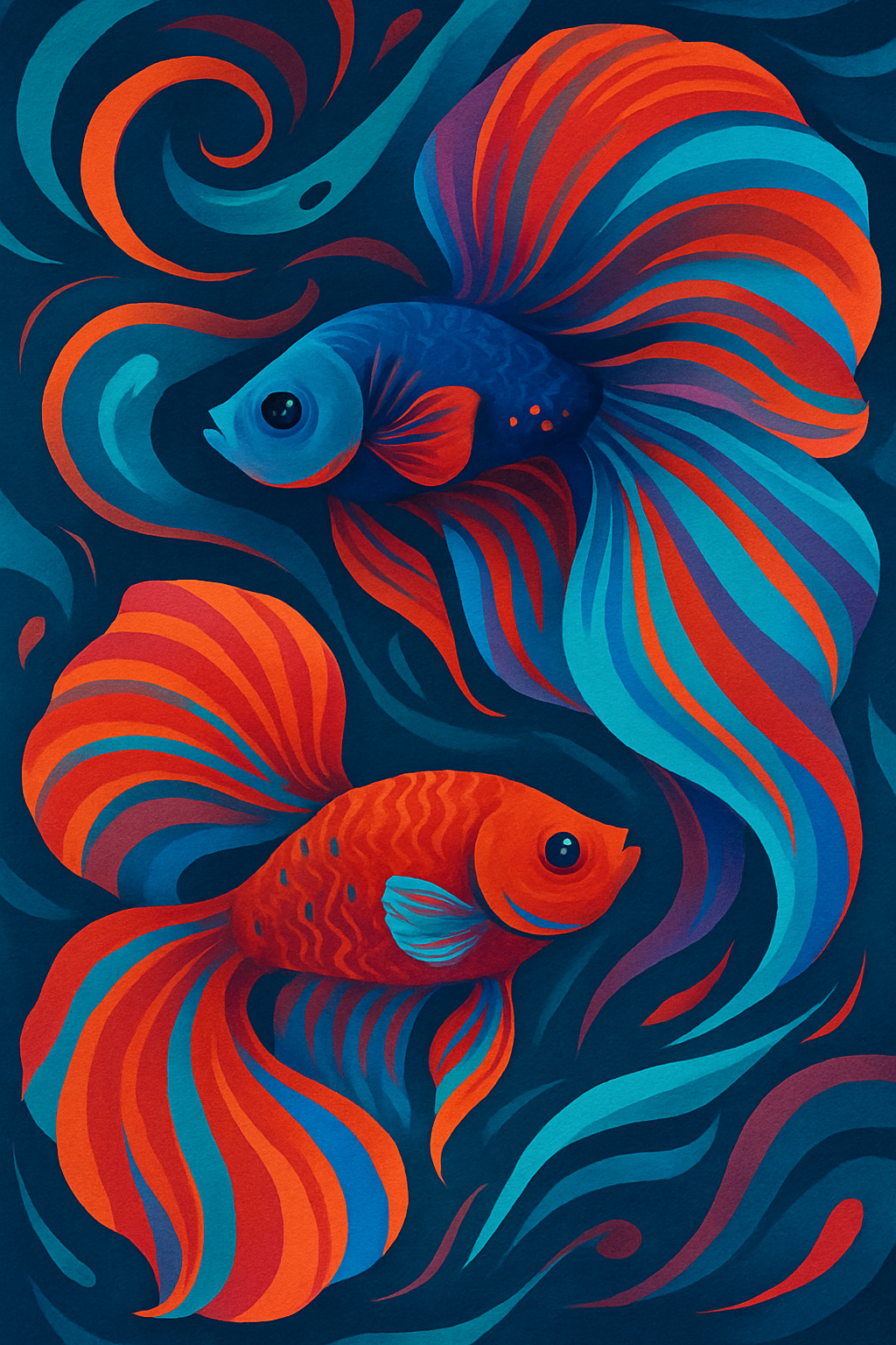 Abstract illustration of betta fish with flowing fins in red and blue swirling water