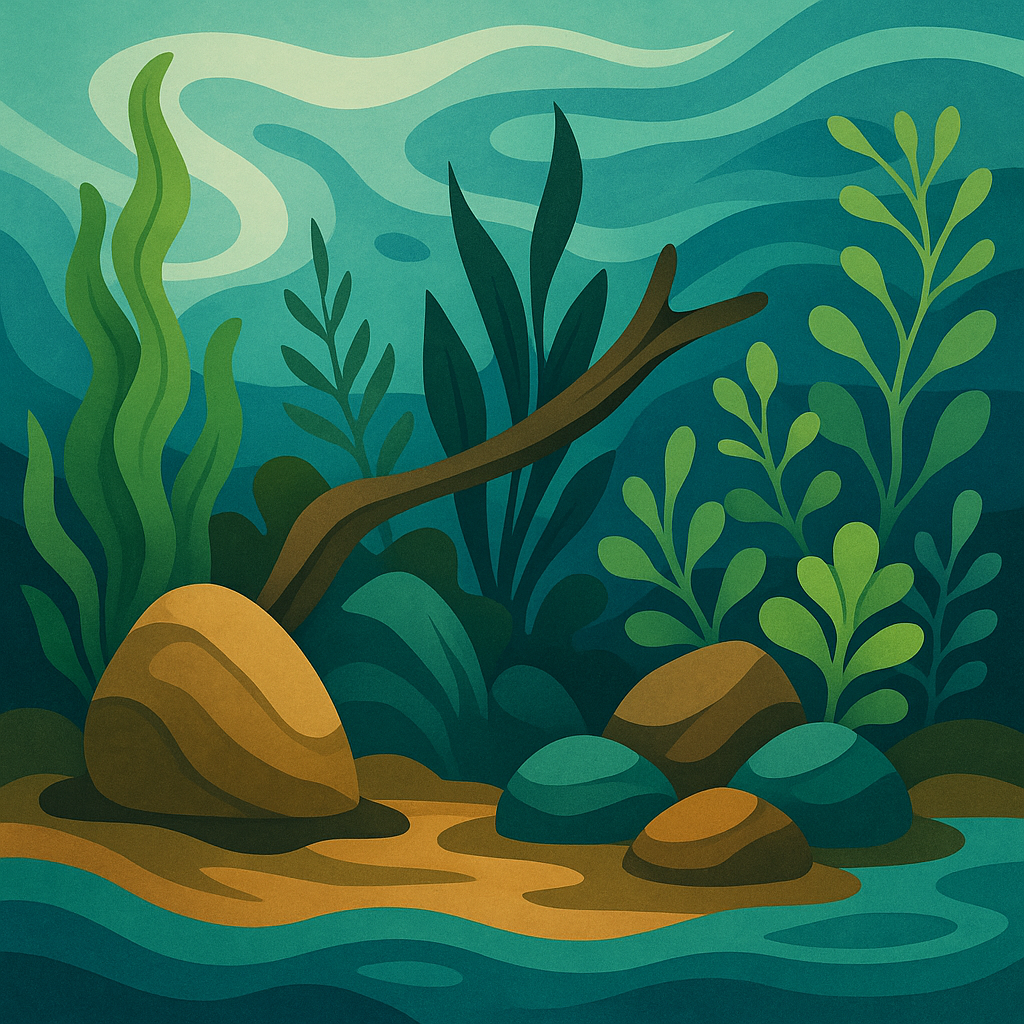 Abstract illustration of underwater aquascape with lush plants, rocks, and driftwood in teal and green hues