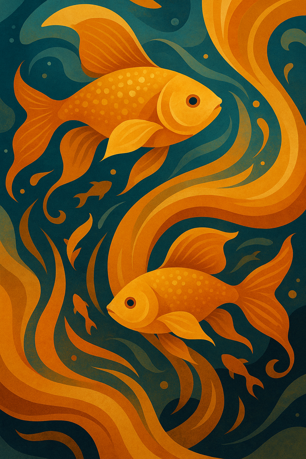 Abstract illustration of goldfish with flowing fins in swirling orange water