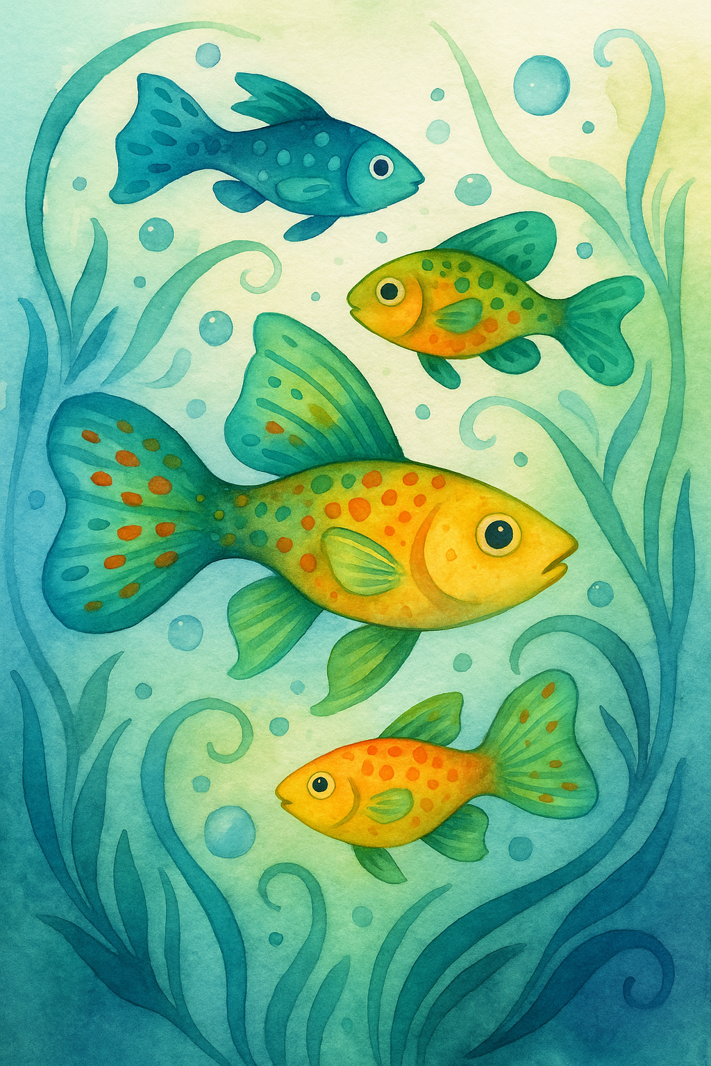 Illustration of colorful stylized guppies swimming in an abstract water scene