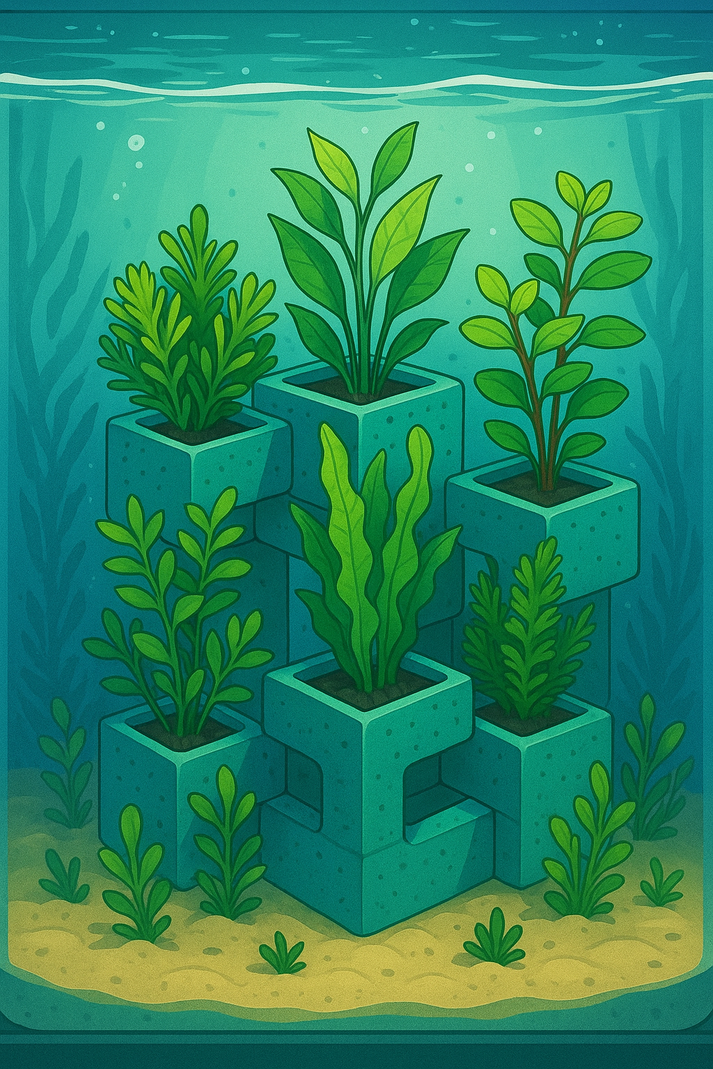 Illustration of a modular aquarium planting system with green aquatic plants growing in interlocking teal blocks.